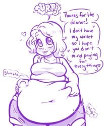 1girls 2022 belly belly_button borrowed_character bruppypuppy burp burping commission dialogue english_text fat fat_woman female gurgle heart huge_belly large_belly navel stomach_gurgle stuffing text weight_gain