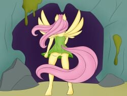 ass clothing drakxs dress equid equine feathered_wings feathers female fluttershy_(mlp) friendship_is_magic genitals green_clothing green_dress hair hasbro hi_res hooves long_tail mammal my_little_pony pegasus pink_hair pink_tail pussy rock standing straight_hair tail unguligrade wings yellow_body yellow_feathers