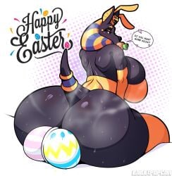 2023 anthro anubian_jackal anubis anubis_(lollipopcon) ass balls big_butt bodily_fluids breasts canid canine canis carrot dialogue digital_media_(artwork) easter english_text food futa_focus futa_only futanari genitals gynomorph hi_res holidays huge_butt intersex jackal lollipopcon mammal plant solo sweat text vegetable