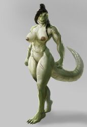 abs anthro breasts crocodilian female green_body green_scales hair looking_at_viewer muscular muscular_anthro muscular_female nipples non-mammal_breasts non-mammal_nipples ponytail reptile scales scalie scar shintori solo