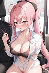 ai_generated big_breasts blush bra breasts covering_breasts covering_nipples cum cum_in_mouth cum_on_body cum_on_breasts cum_on_face long_hair looking_at_viewer no_panties on_bus on_train pink_hair ponytail public public_exposure public_masturbation public_nudity public_use purple_eyes pussy_juice sitting stable_diffusion torn_clothes train white_shirt