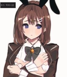 bandage_on_nipples blue_eyes bow breasts brown_hair bunny_ears crying crying_with_eyes_open dacryphilia exposed_breasts hod_(lobotomy_corporation) library_of_ruina nipple_outline pasties project_moon swirly_eyes