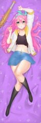 1girls ase4an aubrey_(omori) baseball_bat blue_eyes blush dakimakura_design female female_only hair_ornament jean_skirt kneehighs looking_at_viewer nail_bat omori panties pink_hair skirt small_breasts solo stomach sweat white_panties