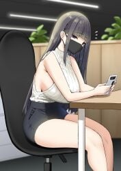 aimi_(sky_(freedom)) black_hair black_shorts blurry blurry_background breasts chair female highres hime_cut holding holding_phone huge_breasts indoors joshi_kōsei_rich_thots long_hair mask mouth_mask office_chair office_lady original phone purple_eyes ribbed_shirt shirt shirt_tucked_in short_shorts shorts sideboob sitting sky_(freedom) sleeveless sleeveless_shirt solo swivel_chair table white_shirt