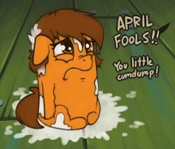 april_fools bodily_fluids cum cumdump dialogue english_text excessive_cum female feral genital_fluids hasbro hi_res marsminer meme my_little_pony solo spongebob_reference text venus_spring