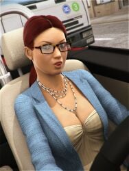 audi breasts car cleavage clothes female glasses large_breasts red_hair redhead solo sydgrl3d