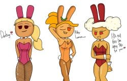 3girls alternate_version_at_source big_breasts breasts bunny_costume bunny_ears bunny_girl bunnygirl bunnysuit cookie_run cookie_run_ovenbreak female female_only medium_breasts orange_cookie pink_choco_cookie popcorn_cookie posing stockings suggestive_look tsundere