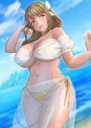 1girls bare_midriff bare_thighs beach bikini breasts brown_hair cleavage female female_only fire_emblem fire_emblem_engage goldmary_(fire_emblem) hair_over_shoulder huge_breasts medium_hair midriff nintendo o-ring o-ring_bikini ocean outdoors rinku_bny sarong see-through side_ponytail smile solo swimsuit thick_thighs thighs underboob water white_bikini white_swimsuit yellow_bikini yellow_eyes yellow_swimsuit