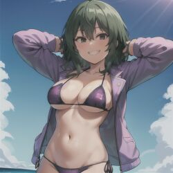 ai_generated beach bikini female female_only hands_behind_head jacket looking_at_viewer my_hero_academia smiling tokage_setsuna