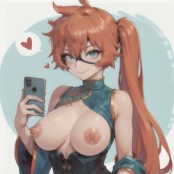 1girls ai_generated big_breasts breastless_clothes breasts_out china_dress domino_mask exposed_breasts female female_only hero_outfit_(mha) holding_object itsuka_kendou kendou_itsuka long_ponytail my_hero_academia nipples phone selfie side_ponytail smile solo spoken_heart taking_picture