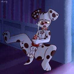 101_dalmatian_street 101_dalmatians against_surface against_wall anal anal_fingering anal_juice anal_sex anthro anthrofied blush bodily_fluids canid canine canis collar cub dalmatian disney domestic_dog dylan_(101_dalmatians) ejaculation fingering hi_res male male_only mammal masturbation pawpads penetration solo sweat whistlerarts29