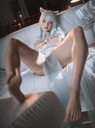 1girls 2023 3d choker clothed clothing cute depth_of_field female female_only gray_hair grey_hair indoors looking_at_viewer pelvic_curtain realistic seated shoelac3 sitting solo solo_female spread_legs white_choker white_hair