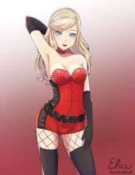 1girls ann_takamaki blonde_hair blue_eyes breasts choker corset elazu elbow_gloves fishnet_pantyhose fishnets gloves large_breasts lipstick long_hair looking_at_viewer persona persona_5 red_corset red_shorts shorts thighhighs