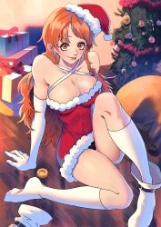 black_panties cameltoe christmas christmas_outfit female female_only knee_socks kneehighs kneesocks large_breasts long_hair nami one_piece orange_eyes orange_hair panties pantyshot post-timeskip ritayaart1 santa_costume socks tongue_out white_socks