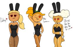 3girls alternate_version_at_source big_breasts breasts bunny_costume bunny_ears bunny_girl bunnygirl bunnysuit cookie_run cookie_run_ovenbreak female female_only medium_breasts orange_cookie pink_choco_cookie popcorn_cookie posing stockings suggestive_look tsundere