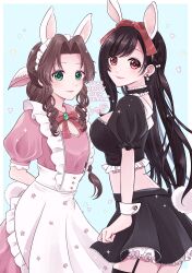 2girls aerith_gainsborough apron bangs black_crop_top black_hair black_skirt braided_ponytail breasts brown_hair bunny_ears bunny_tail choker crop_top cuff_links dress earrings fake_animal_ears fake_tail female female_only final_fantasy final_fantasy_vii garter_straps green_eyes hairband kt9_ct large_breasts long_hair looking_at_viewer maid maid_apron maid_headdress maid_uniform midriff pink_dress ponytail red_eyes side_swept_bangs skirt small_breasts smooth_skin swept_bangs thighhighs tifa_lockhart