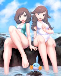 2girls black_eyes breasts brown_hair clouds green_one-piece_swimsuit green_swimsuit large_breasts looking_at_viewer mk_(mikka) mudkip nintendo ocean one-piece_swimsuit outside pokemon pokemon_(species) pokemon_sm pokemon_usm rocks selene_(pokemon) short_hair sitting_on_rock sky swimsuit twin_braids water white_one-piece_swimsuit white_swimsuit