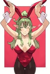 1girls absurdres alternate_costume animal_ears armpits arms_up breasts bunny_ears bunny_girl bunnysuit covered_navel fake_animal_ears female female female_only fire_emblem fire_emblem_awakening green_eyes highres leotard long_hair looking_at_viewer medium_breasts nintendo one_eye_closed pantyhose playboy_bunny pointy_ears rabbit_ears red_leotard red_ribbon ribbon sakuremi smile solo strapless strapless_leotard thigh_gap tiara tiki_(adult)_(fire_emblem) tiki_(fire_emblem) watermark wrist_cuffs