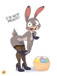 anthro ass breasts clothing dialogue easter easter_egg embarrassed embarrassed_nude_female enf english_text female furboz high_heels holidays judy_hopps naked_footwear naked_heels naked_stockings naked_thighhighs nude rabbit solo stockings tail text thighhighs zootopia