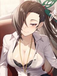 1girls alternate_costume blush bra breasts brown_eyes brown_hair cleavage cluseller collared_shirt female female_only fire_emblem fire_emblem_fates fire_emblem_heroes hair_ornament hair_over_one_eye highres kagero_(fire_emblem) kagero_(resplendent)_(fire_emblem) large_breasts light-skinned_female light_skin long_hair long_sleeves looking_at_viewer nintendo office_lady ponytail shirt smile solo underwear white_shirt