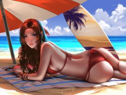 1girls aerith_gainsborough ass beach beach_towel beach_umbrella bikini bracelets braided_ponytail breasts brown_hair clouds final_fantasy final_fantasy_vii green_eyes hairbow in_shade large_breasts liang_xing looking_at_viewer ocean outside ponytail red_bikini red_swimsuit sand shade sky smooth_skin surfboard swimsuit towel umbrella water