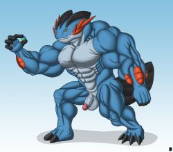 1boy 2020 2020s 4_toes abs absurd_res anthro balls ballsack bara beefy big_arms blue_skin flaccid_penis foreskin foreskin_folds front_view genitals hi_res high_resolution highres holding holding_object humanoid_genitalia humanoid_penis intact kevindragon male male_only mega_evolution mega_swampert muscles muscular_anthro muscular_male nintendo no_nipples nude_male orange_eyes pecs penis pokémon_(species) pokemon retracted_foreskin scalie scrotal_raphe scrotum smiling solo superabsurd_res swampert swampertite testicles uncut veiny veiny_penis white_penis yellow_eyes