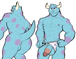 2023 abs anthro anus ass balls bara blue_body blue_fur clothing disney fur furry gay genitals hi_res horn jockstrap jrjresq looking_at_viewer looking_back looking_back_at_viewer male male_only monster monsters_inc monsters_university multicolored_body multicolored_fur muscular muscular_male nipples nude penis penis_through_leghole pixar purple_body purple_fur simple_background smile solo spots spotted_body spotted_fur sulley two_tone_body two_tone_fur underwear white_background yaoi