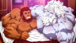 age_difference arms_behind_back ass_to_ass ass_up bara beard bearded bedroom big_ass big_breasts big_chest big_muscles bubble_ass bubble_butt chamber facial_hair fate/grand_order fate_(series) gay god iskandar_(fate) konohanaya long_sleeves looking_at_viewer lying_on_stomach male male/male male_focus male_only manboobs masculine multiple_males muscular muscular_arms muscular_ass muscular_back muscular_chest muscular_legs muscular_male muscular_thighs nipples nude older_male orange-skinned_male orange_skin red_beard red_hair rider rider_(fate/zero) royalty seductive_look seductive_pose seductive_smile sheet_grab silver_hair smile smiling smiling_at_viewer veiny_arms veiny_muscles white-skinned_male white_body white_hair white_skin zeus_(fate)