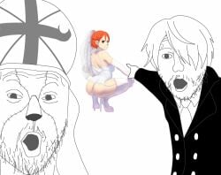 1girls 2boys absalom anaconda_pose ass ass_focus broly_culo female funny hi_res male meme mr.russo nami nicki_min one_piece pointing_soyjak pre-timeskip vinsmoke_sanji wedding_dress wojak