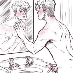 bathroom blush carry_on_simon_snow_series_(rainbow_rowell) eyes_half_open freckles human krisrix male male_only masturbation mirror mirror_reflection nipples penis rainbow_rowell short_hair simon_snow_(carry_on) sink solo solo_male