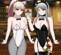 2girls ass_visible_through_thighs blonde_hair breasts bunny_ears bunny_girl bunnysuit chigusa_(fortnite) daikiri_di_mon female female_only flower_tattoo fortnite fortnite:_battle_royale gray_hair green_eyes heart leg_tattoo lennox_rose_(fortnite) looking_at_viewer neck_tattoo pink_eyes rose_tattoo tattoo thighhighs two_tone_hair