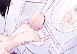 1boy 1girls against_mirror ambiguous_penetration bathroom bent_over bra breasts breasts_out female from_behind_position human male naruto naruto_(series) sakura_haruno sasuke_uchiha sex standing_doggy_style standing_sex