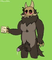 1_eye anthro balls beard blush bodily_fluids body_hair bone brown_body canid canine chest_tuft claws cum cum_drip disney dripping erection facial_hair fur genital_fluids genitals hair hairy_balls holding_mug holding_object horn humanoid male male_only mammal mature_male mug nude papa_titan_(the_owl_house) penis pubes skull skull_head solo soren_vantablack straight_hair sweat tail teeth the_owl_house titan_(the_owl_house) tuft