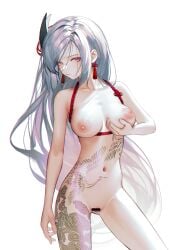 bar_censor breast_lift breasts breasts_apart censored closed_mouth collarbone contrapposto cowboy_shot earrings female genshin_impact grey_hair highres iumu jewelry long_hair looking_at_viewer medium_breasts navel nipples nude purple_eyes pussy shenhe_(genshin_impact) solo swept_bangs tassel tassel_earrings tattoo very_long_hair