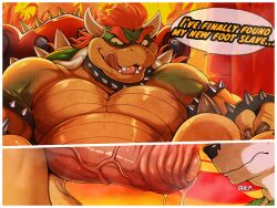 2_horns ambiguous_gender anthro bodily_fluids bowser canid duo english_text foreskin genitals hi_res horn koopa male male/ambiguous male_only mammal mario_(series) muscular muscular_anthro muscular_male nintendo penis scales scalie super_mario_bros._(2023_film) sweat tan_(artist) text uncut vein veiny_penis