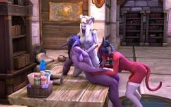 1boy 2girls 3d bent_over big_breasts big_penis blizzard_entertainment blowjob draenei fellatio garter_belt glasses gold_eyes handjob interspecies jamila_(ostvynd) lightforged_draenei night_elf ostvynd stockings sucking_nipples warcraft white_hair world_of_warcraft