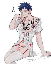 ? after_fellatio black_hair blush chest_tattoo crossdressing cum cum_in_mouth dark_blue_hair demorzel earrings facial_hair garter_straps glasses_removed goatee licking_lips long_sideburns male male_only nipple_bulge nurse nurse_uniform off_shoulder one_piece open_clothes panties sideburns sitting solo stethoscope sweatdrop tattoo tattoos thighhighs trafalgar_law white_legwear white_panties white_thighhighs yellow_eyes