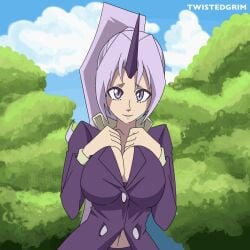 animated big_breasts bouncing_breasts bra clothing flashing horn ponytail purple_eyes purple_hair shion_(tensei_shitara_slime_datta_ken) tagme tensei_shitara_slime_datta_ken that_time_i_got_reincarnated_as_a_slime twistedgrim violet_eyes violet_hair