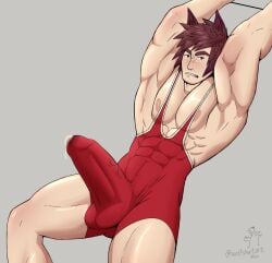 animal_ears arms_up balls bara big_balls big_penis blush boner cum_through_clothes cum_through_clothing cum_through_singlet erection erection_under_clothes league_of_legends male male_only muscles muscular penis sett singlet solo solo_male wolfshirtart