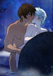 2boys against_rock against_surface anal androgynous beige_skin blue_hair brown_hair closed_eyes earrings gay hot_spring implied_penetration kissing male_only mikleo_(tales) night night_sky nipples nude outdoors owlily pale_skin short_hair sorey_(tales) standing standing_in_water steam sweat taken_from_behind tales_of_(series) tales_of_zestiria tan_body tan_skin water white_body yaoi