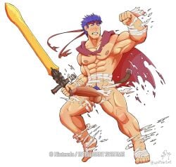 balls bandages bara big_balls big_penis blue_hair blush boner cape erection fire_emblem fire_emblem:_path_of_radiance fire_emblem:_radiant_dawn headband ike_(fire_emblem) male male_only masturbation muscles muscular nintendo one_eye_closed penis ragnell_(fire_emblem) ripped_clothing solo solo_male wolfshirtart