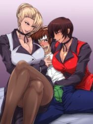 1boy 1boy1girl 2girls big_ass big_breasts big_butt big_muscles big_penis blonde_female blonde_hair blue_eyes blush bubble_butt business_suit busty choker femdom girl_sandwich group_sex gureko_rouman handjob huge_breasts king_of_fighters kof malesub mature_(kof) multiple_girls restrained shingo_yabuki short_hair teasing threesome tomboy undressing undressing_partner vice_(kof)