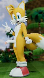 3d 3d_(artwork) 9:16 anthro balls canid canine casual clothing digital_media_(artwork) exposed_torso femboy footwear fox genitals gesture gloves handwear hi_res looking_at_viewer male male_only mammal mostly_nude open_mouth open_smile penis sega shoes smile solo sonic_(series) sonic_the_hedgehog_(series) tails twintails3d v_sign