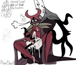 black_body black_nose black_tentacles cum doodle dripping_cum english_text gay grey_cloak helmet hollow_knight hollow_knight_(character) male miguelsharku pure_vessel red_armor red_cloak team_cherry tentacle tentacle_penetration vessel_(species) white_body white_eyes white_fur white_horns xero_(hollow_knight)