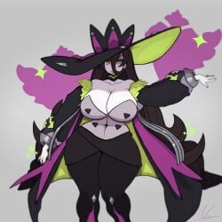 big_ass big_breasts brown_hair coat large_breasts long_hair pale-skinned_female pale_skin slut slutty_clothing slutty_outfit smash_legends thick_hips thick_legs thick_lips thick_thighs vic_drws witch_hat witch_queen_(smash_legends) yellow_eyes