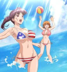 2girls amagi_manami american_flag_bikini ball beach beachball big_breasts bikini breasts busty chinatsu_(sweet_home) cleavage closed_eyes female female_only flag_print furuhashi_chinatsu glasses happy highres large_breasts legs long_hair manami_(sweet_home) multiple_girls navel ocean open_mouth orange_hair ponytail purple_hair red_eyes screenshot short_hair smile stitched sweet_home swimsuit thighs third-party_edit water