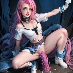 ai_generated blue_eyes cum dildo disgusted game_over league_of_legends long_hair medium_breasts pink_hair riding_dildo riot_games seraphine_(league_of_legends) skirt spread_legs squating stable_diffusion torn_clothes uwu vaginal_penetration