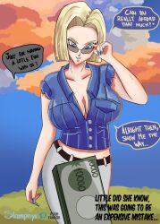 1girls android_18 blonde_hair blue_eyes blue_fingernails breasts cleavage dragon_ball dragon_ball_z female female_only fully_clothed glasses long_fingernails nail_polish prostitution solo stampnyx sunglasses