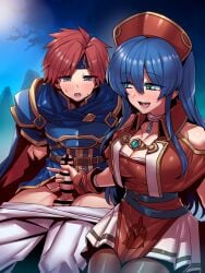 1boy armor bar_censor bare_shoulders belt blue_armor blue_belt blue_eyes blue_hair blue_headband blush breasts cape censored commission dress female fire_emblem fire_emblem:_the_binding_blade green_eyes handjob hat headband highres jewelry large_breasts lilina_(fire_emblem) long_hair open_mouth penis red_hair red_headwear roy_(fire_emblem) short_hair skeb_commission smile straight sweatdrop testicles tsuki_wani tsukiwani tukiwani