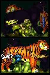 2animals 2girls all_fours big_breasts blizzard_entertainment blowjob comic comic_page doggy_style dominant_feral fellatio female_on_feral femsub goblin goblin_female green_skin maledom panther piercing piercings sex shina shortstack stockings tiger vaginal_penetration vaginal_sex warcraft world_of_warcraft zoophilia